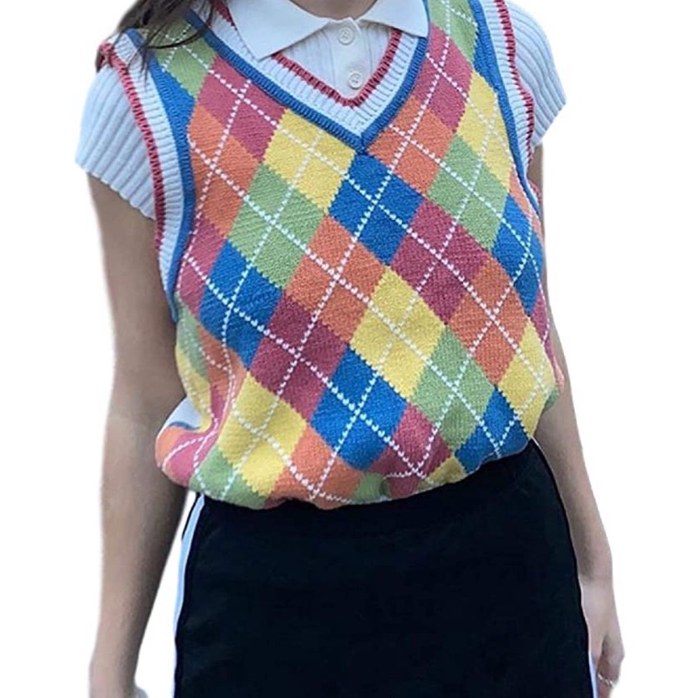 Rainbow argyle multicolor boxy V neck sweater vest